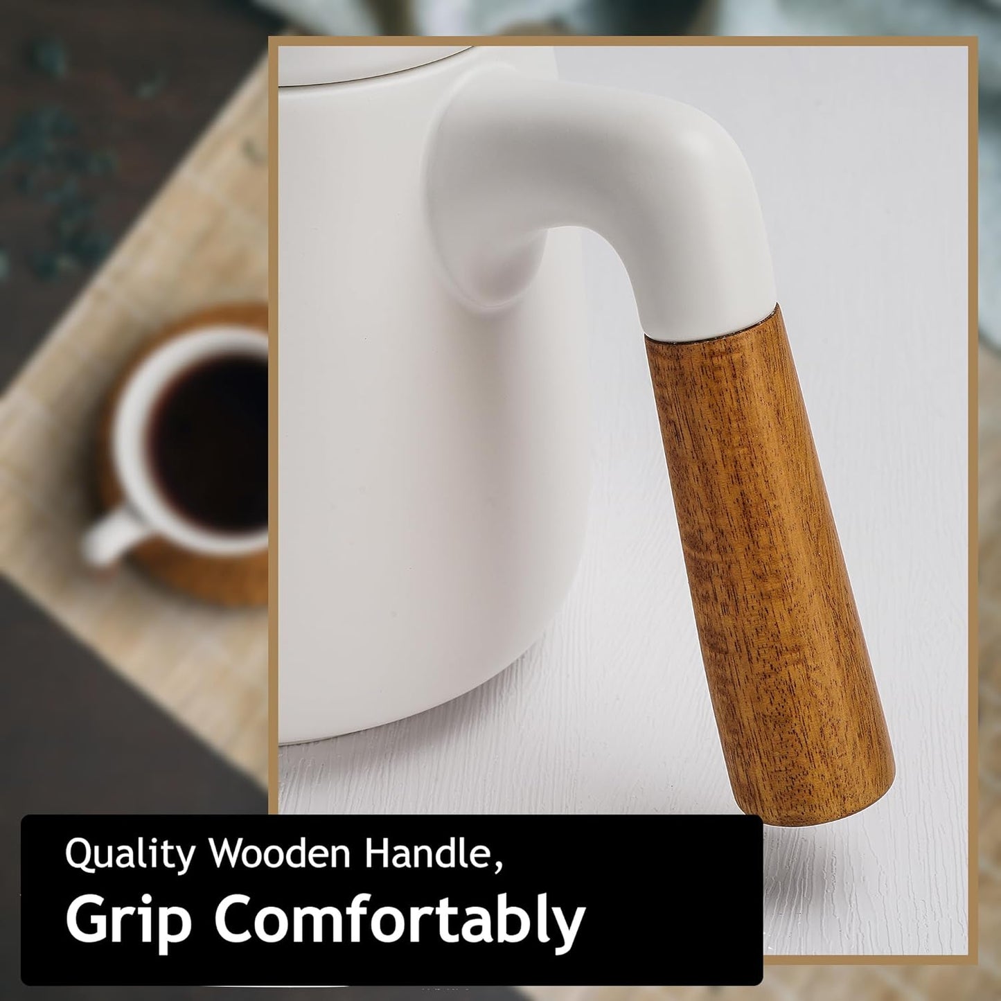 MIAMIO – 34 Oz Ceramic Tea Pot Set with Infuser and Cups/Tea Strainer, 4 Ceramic Tea Mugs (10 Oz), Bamboo Saucers/Handle for Home and Office (White)