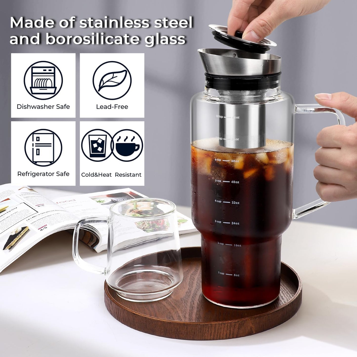 Aquach 68oz Cold Brew Coffee Tea Maker, Glass Pitcher & Stainless Steel Filter, Dishwasher Safe Iced Coffee Tea Maker with Airtight Lid and Large Handle