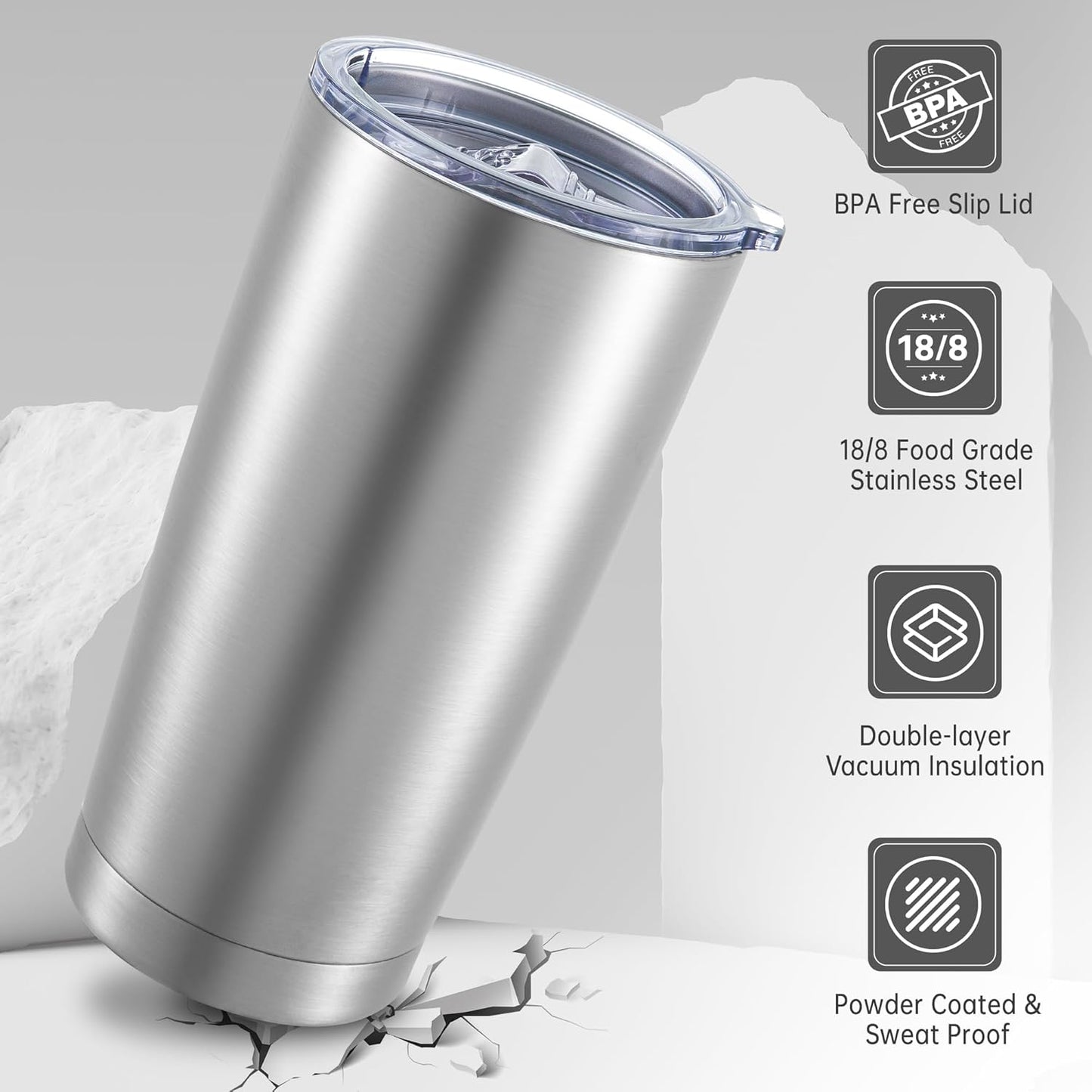 20 oz Tumbler Stainless Steel Tumblers with Lid Double Wall Vacuum Insulated Coffee Mug 20oz Powder Coated Cup for Hot and Cold Drinks, Stainless, 1 pack