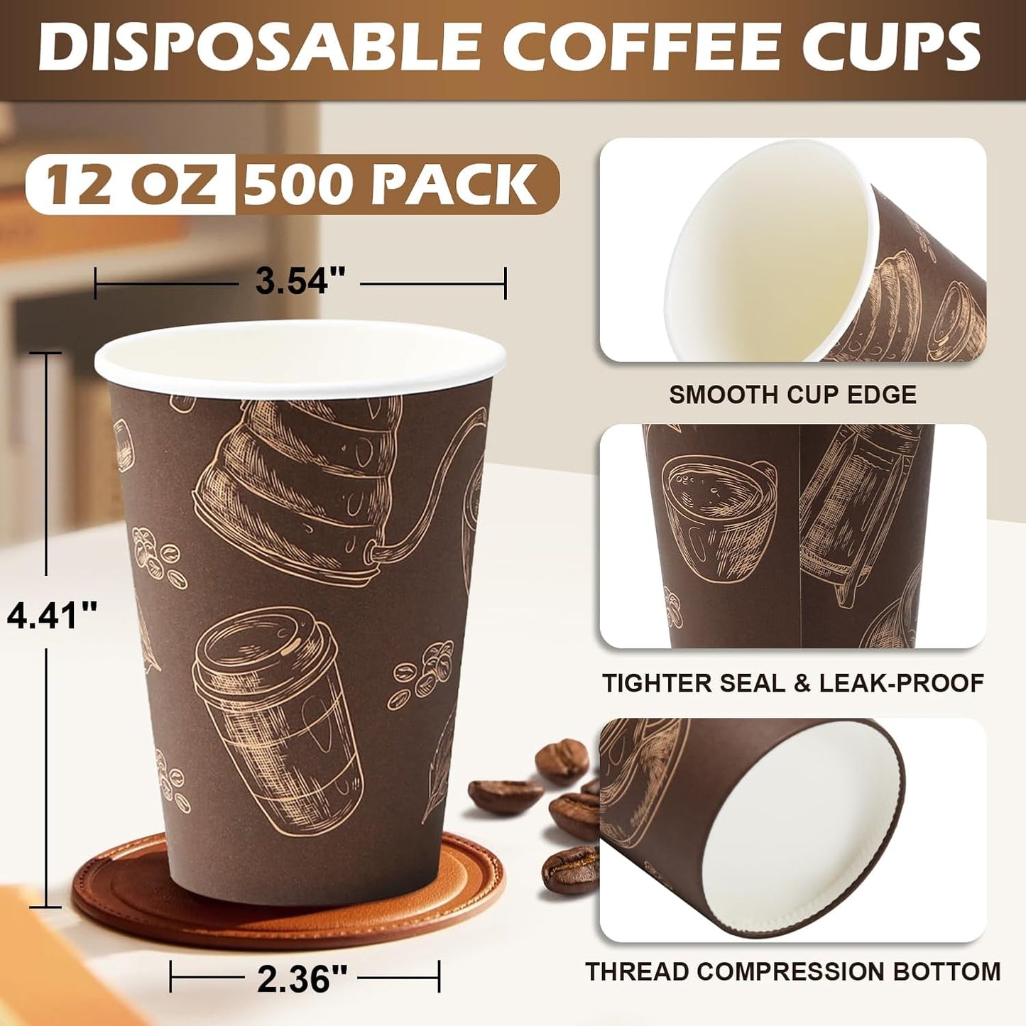 500 Pack 12 oz Coffee Cups, Paper Cups 12 oz Disposable Coffee Cups Thickened Paper Cups Bulk Hot/Cold Cup for Office, Home, Event