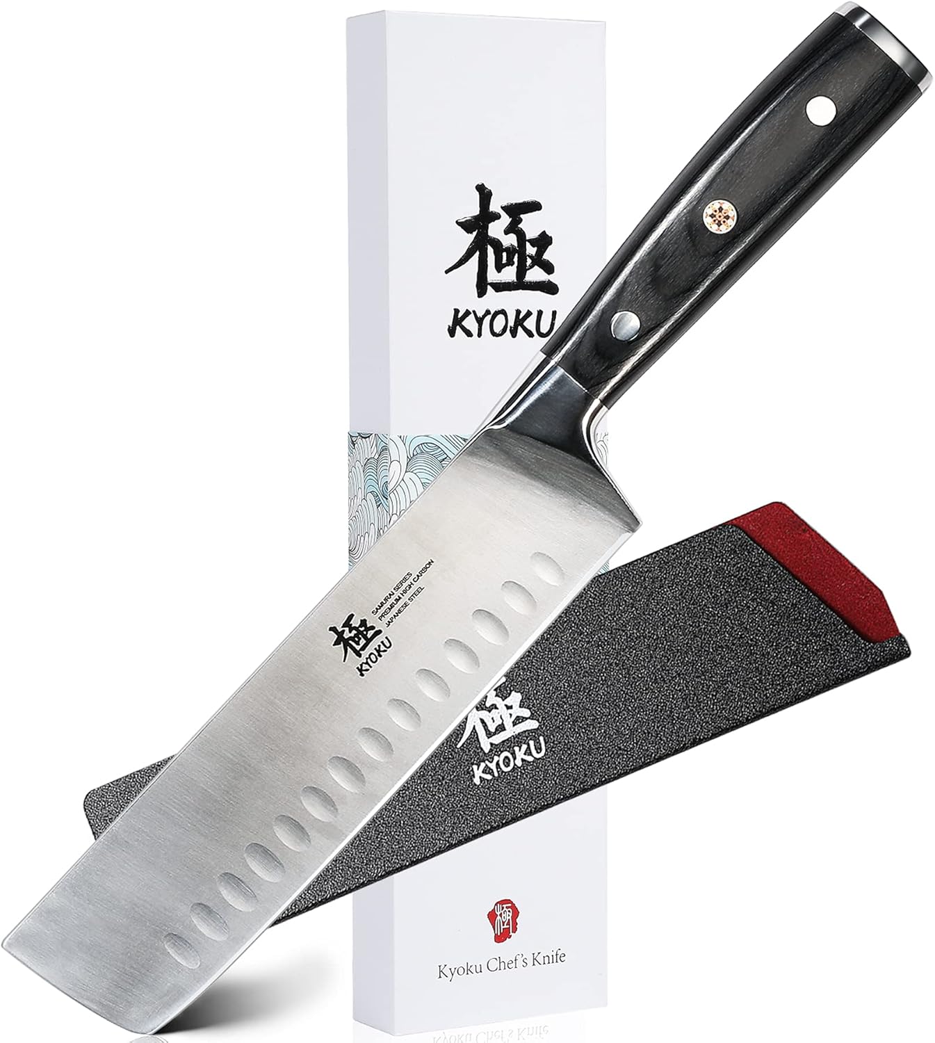 KYOKU Samurai Series - Nakiri Japanese Vegetable Knife 7" - Full Tang - Japanese High Carbon Steel Kitchen Knives - Pakkawood Handle with Mosaic Pin - with Sheath & Case