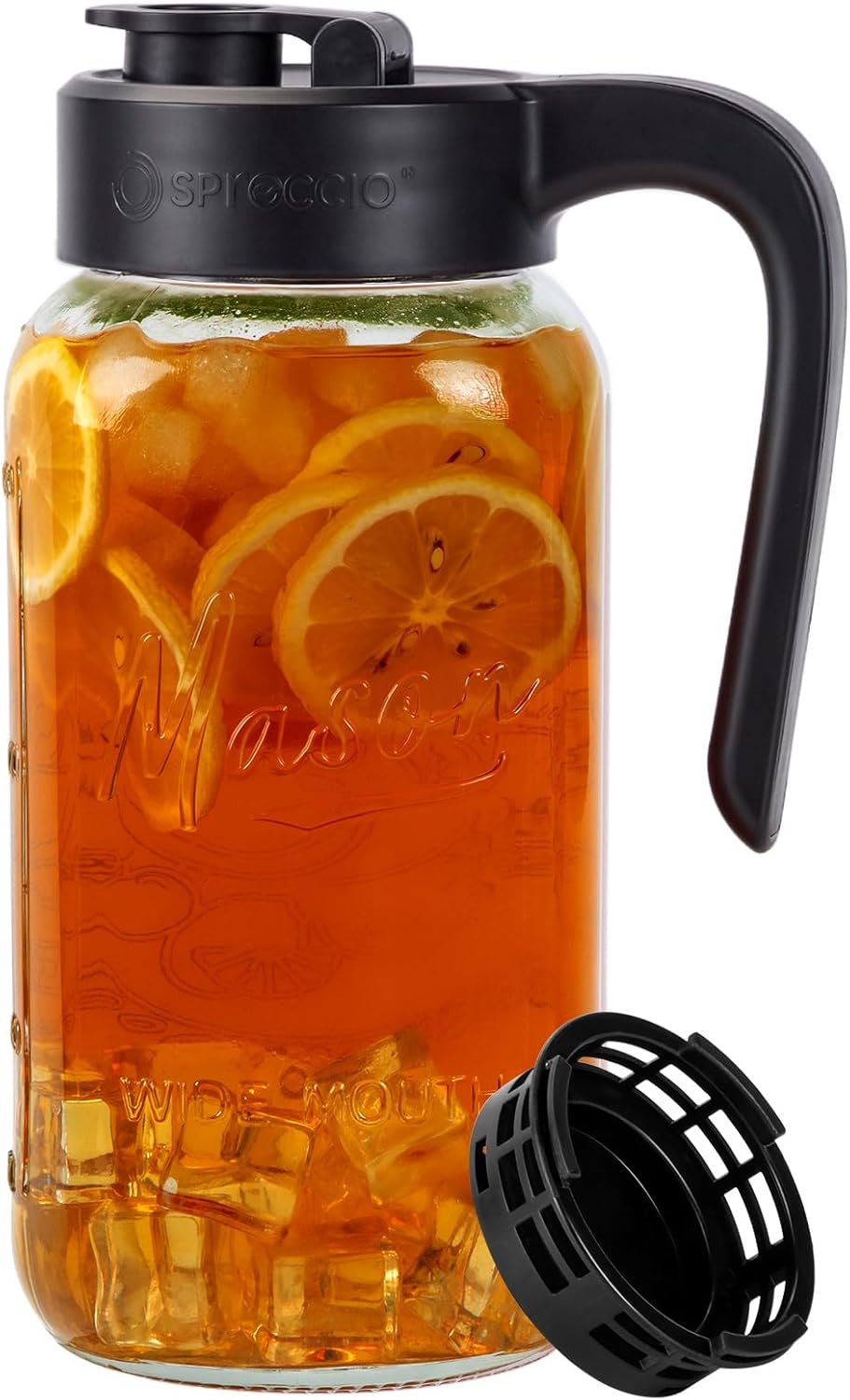 Mason Jar Pitcher with Tea Filter, Airtight & Leakproof Glass Pitcher with Lid, 64 oz Sun Tea Glass Jar for Outside, Perfect for Sun Tea, Lemonade, and iced Tea