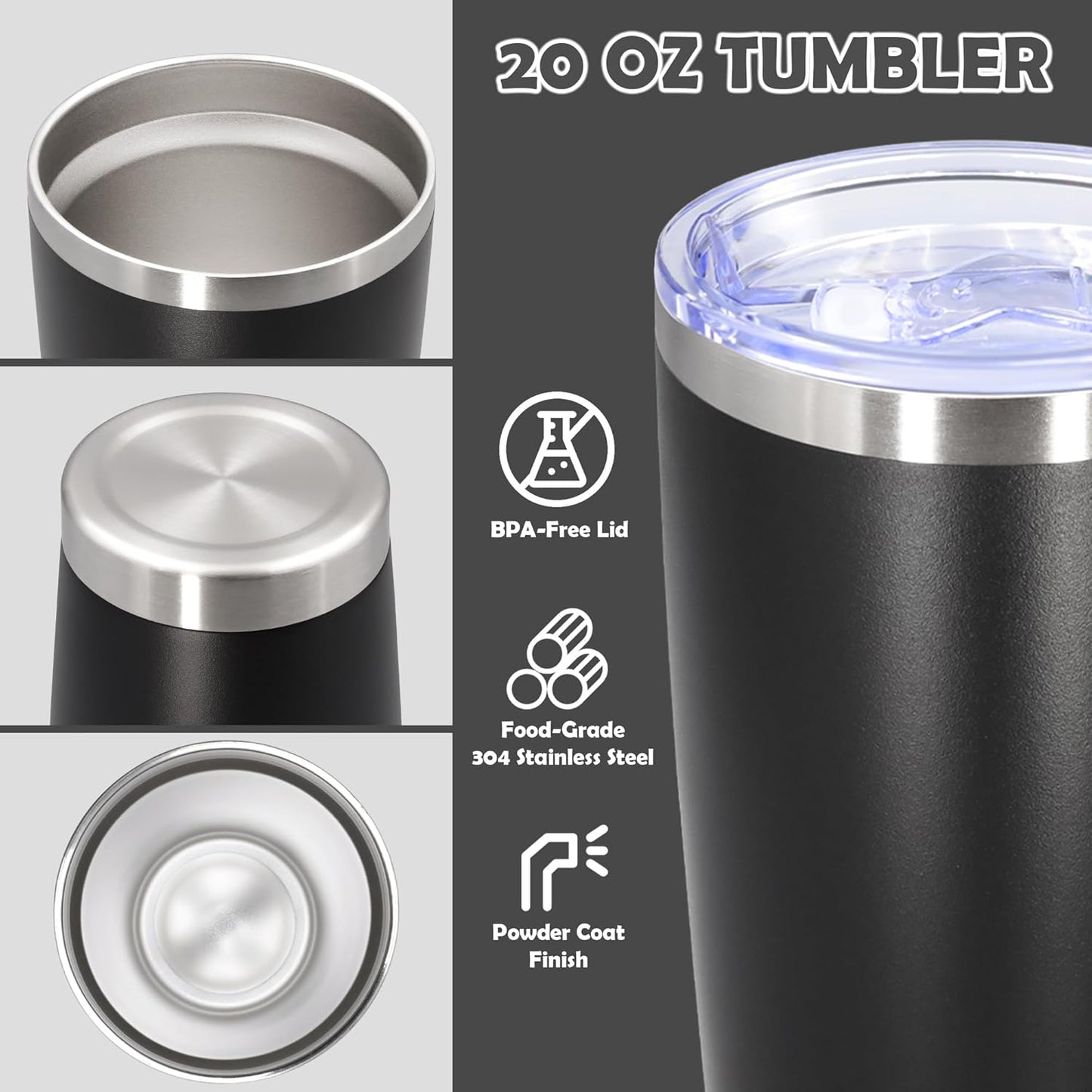 20oz Tumbler Bulk Stainless Steel Tumbler Cup with Lid Vacuum Insulated Double Wall Travel Mug, Durable Powder Coated Travel Coffee Tumbler Mug for Hot & Cold Drinks, Black,12 Pack