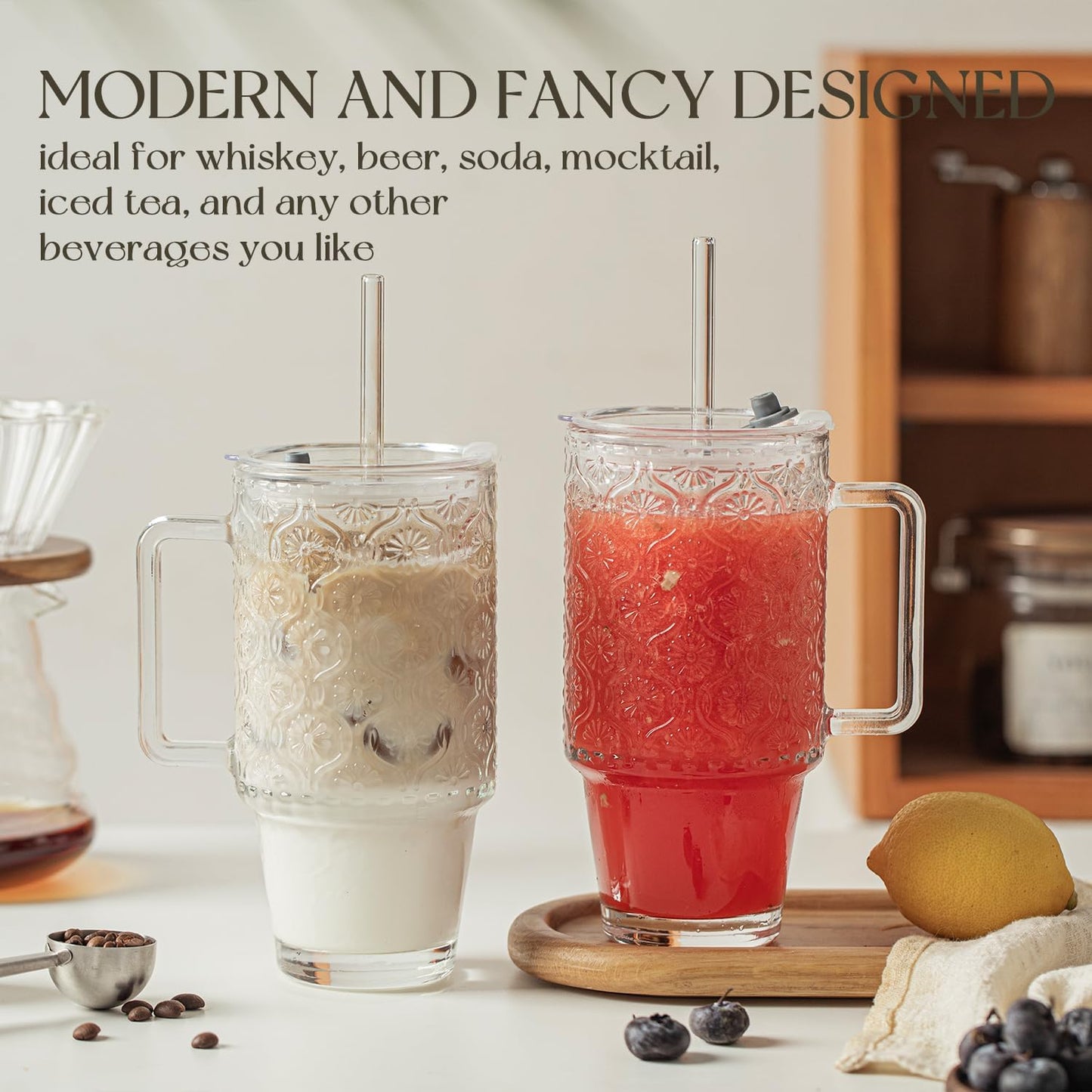 KEMORELA 4-Pack 24 Oz Glass Tumblers with Straws and Lids, Iced Coffee Cups with Begonia Floral Pattern, Smoothie Cups with Handles, Reusable Cold Drinkware, Glass Tumblers for Beverages