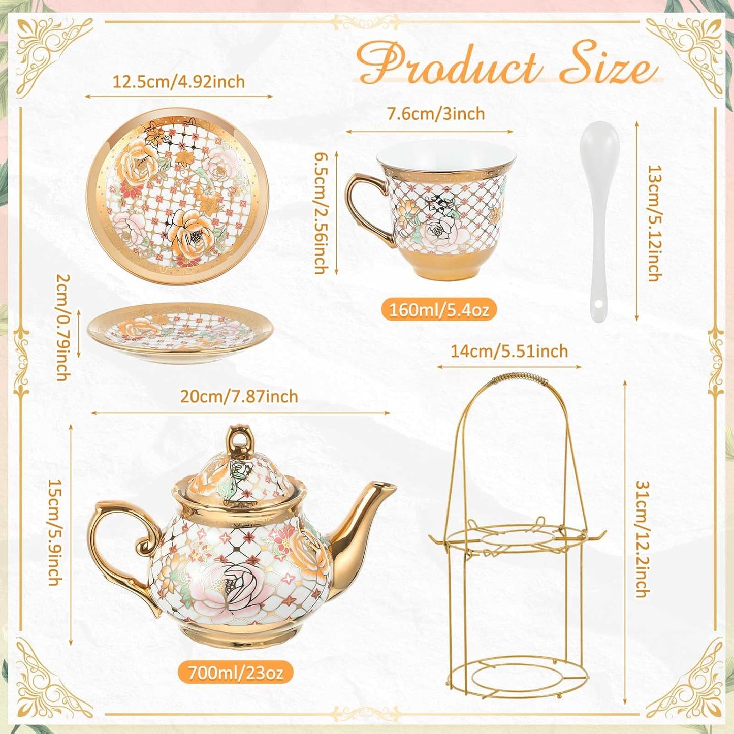 Zhehao 20 Pcs Porcelain Tea Set with Metal Holder and Spoon Adult Ceramic Tea Party Set European Flower Painting Teapot Cup Saucer Spoon Set for Women, Large Version(Delicate Style)