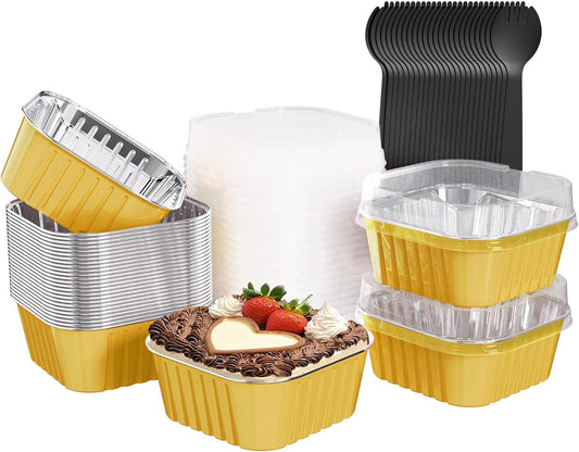 25 Pack Square Mini Cake Pans with Lids,Mini Loaf Pans with Lids,Aluminum Foil Baking Cups,Disposable Ramekins Cupcake Cups,Dessert Cups for Wedding Birthday Party Picnics,5oz (Gold)