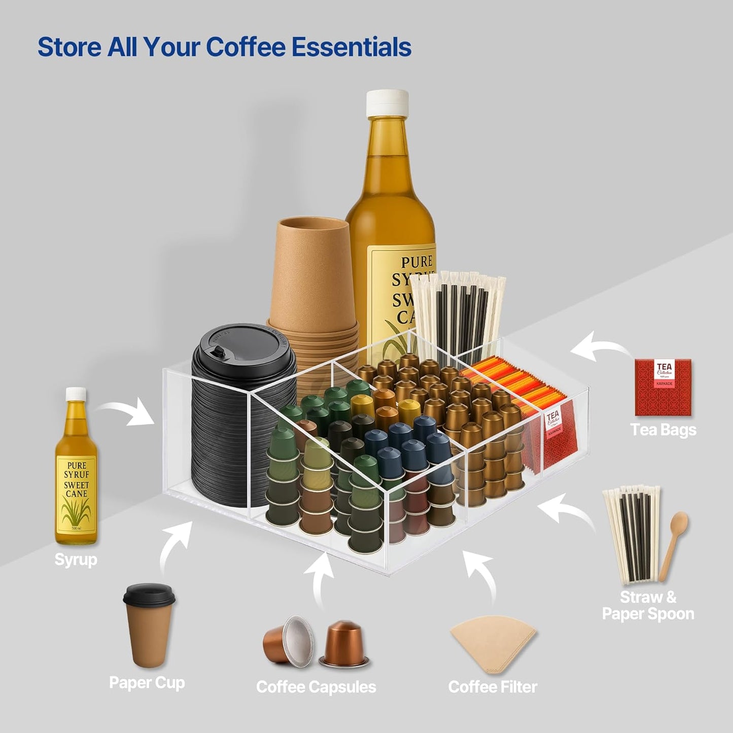 Acrylic Coffee Bar Station – Snack Tea Organizer & Storage Holder for Office Coffee Table – Perfect Countertop Setup for Syrup, Creamer, and Snack Accessories