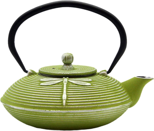 Cast Iron Teapot,SECHUDO Tea Kettle Coated with Enameled Interior for Loose Tea,Cast Iron Teapot with Stainless Steel Infuser for Stovetop Safe (27.1oz Flat Dragonfly Pattern)