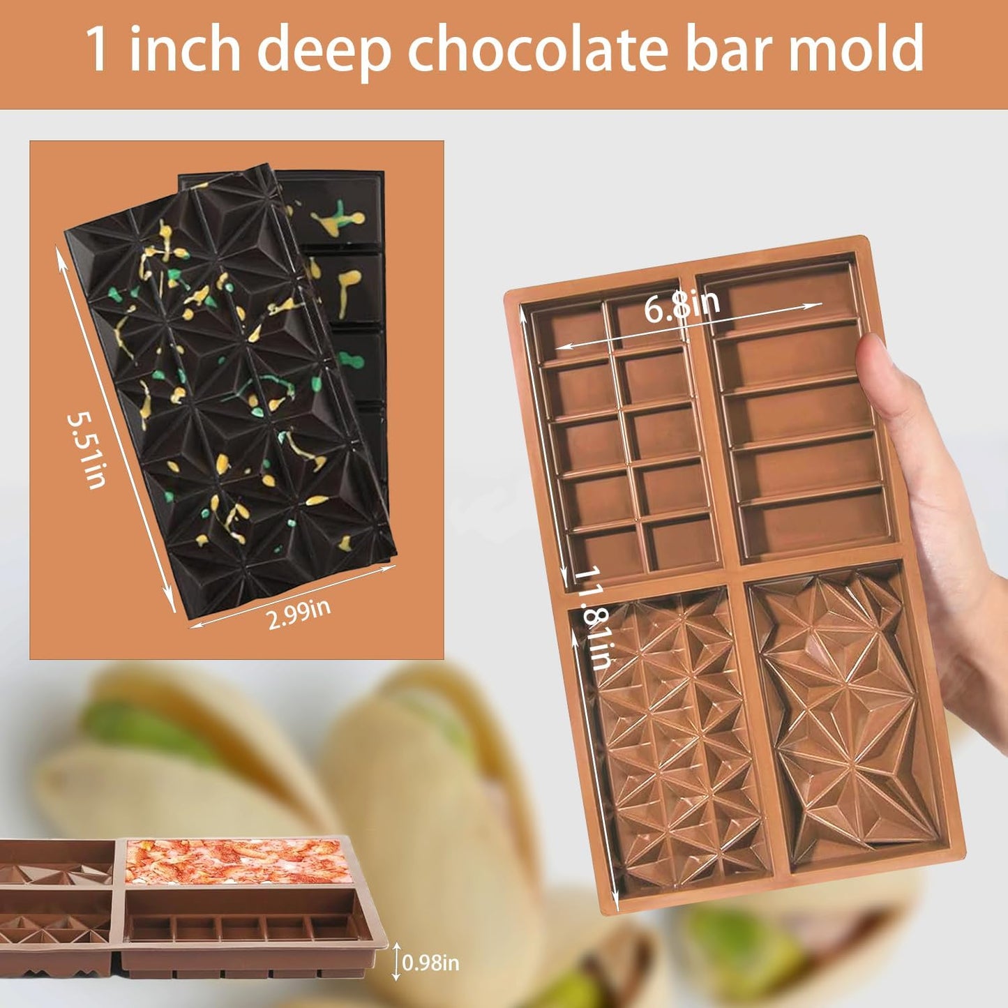 Deep Chocolate Molds Silicone - 4 Different Shapes,Dubai Chocolate Bar Mold,Homemade Candy Bar Baking Molds - Set of 2