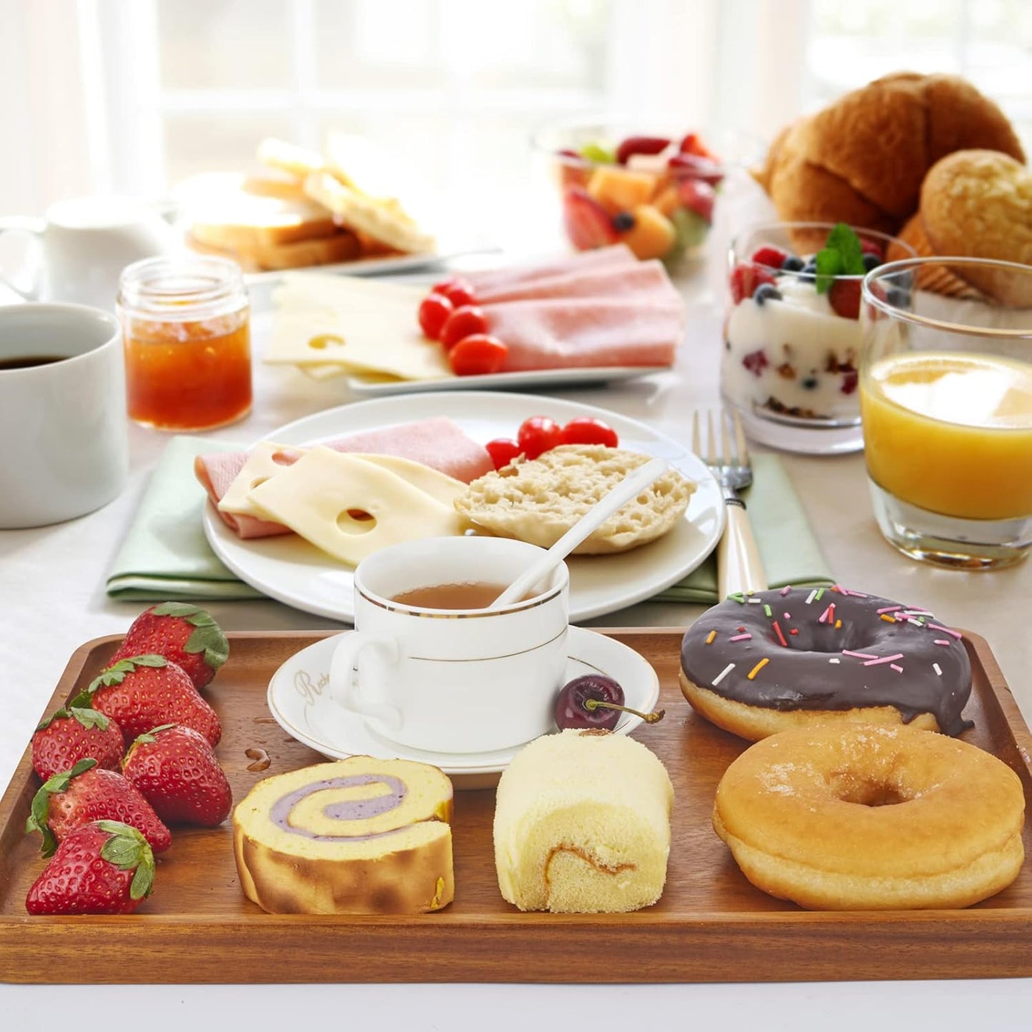 2 PCS 13 x 9 in Solid Acacia Wood Serving Trays Rectangular Wooden Serving Platters Natural Wooden Boards for Bar Coffee Party