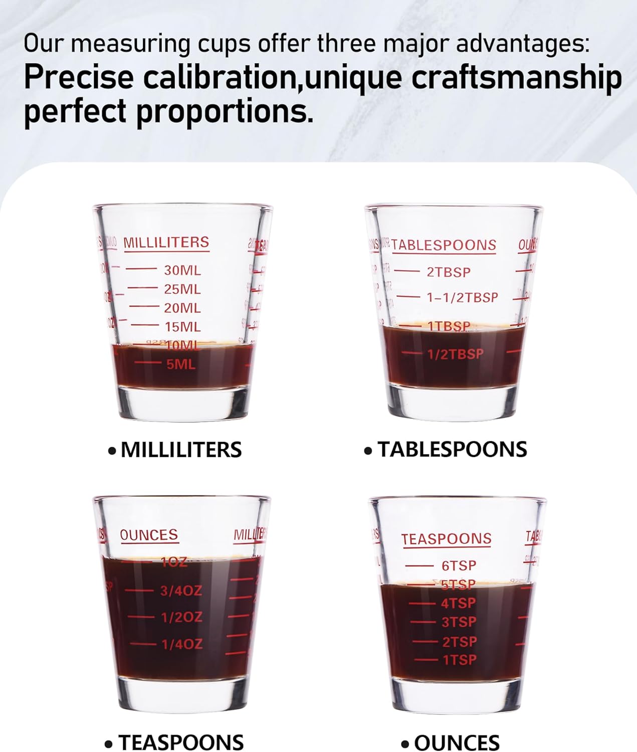 Shot Glasses Measuring Cup Set 6 Pack Espresso Shot Glasses Liquid Heavy Glass 26-Incremental Measurement 1 OZ,2 TBS,6 TSP,30 ML Kitchen Tools(Red)