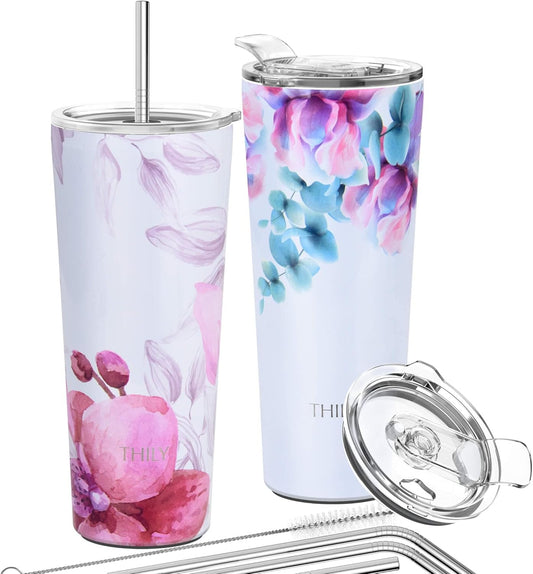 THILY Stainless Steel Vacuum Insulated Tumbler 26 oz Triple-Insulated Travel Mug with Splash-Proof Lid, for Iced Coffee and Hot Beverage, Pink Lilies + Lotus Flower