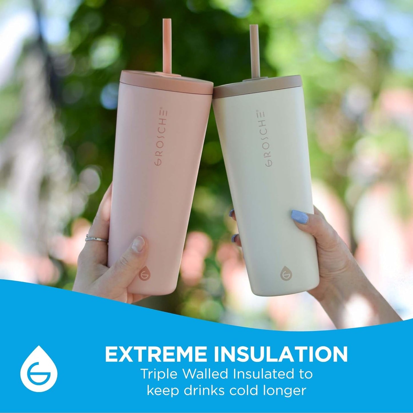 GROSCHE Jasper Insulated Stainless Steel Tumbler With Straw – Travel Cup with Lid, Extreme Insulation & Sleek Design, 23 oz - Pink