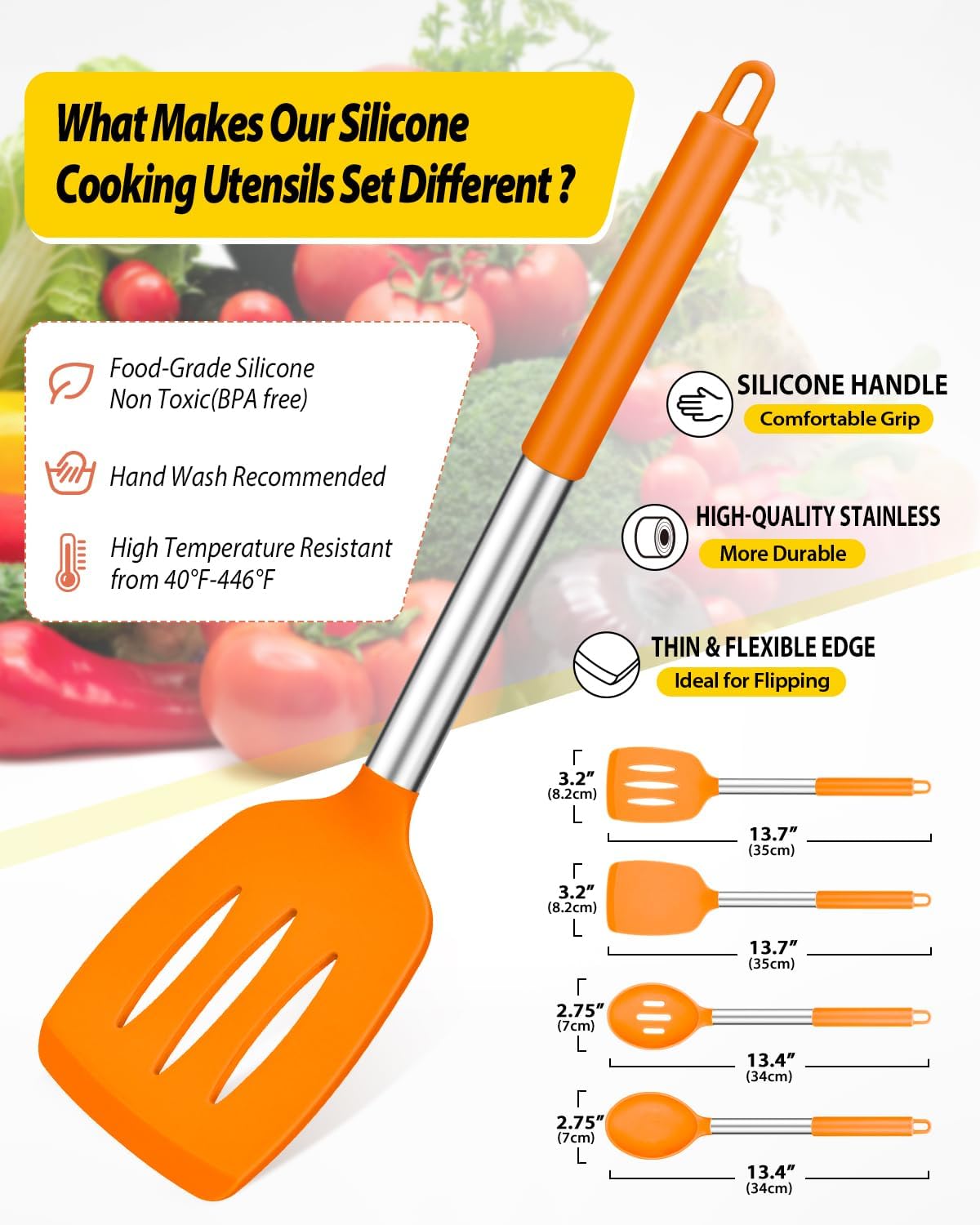 Pack of 4 Silicone Cooking Utensils Set, Non Stick Large Solid Spatulas, Heat Resistant Slotted Spoons, Ideal BPA Free Kitchen Turners for Frying, Mixing,Serving,Draining,Turning,Stirring (ORANGE)