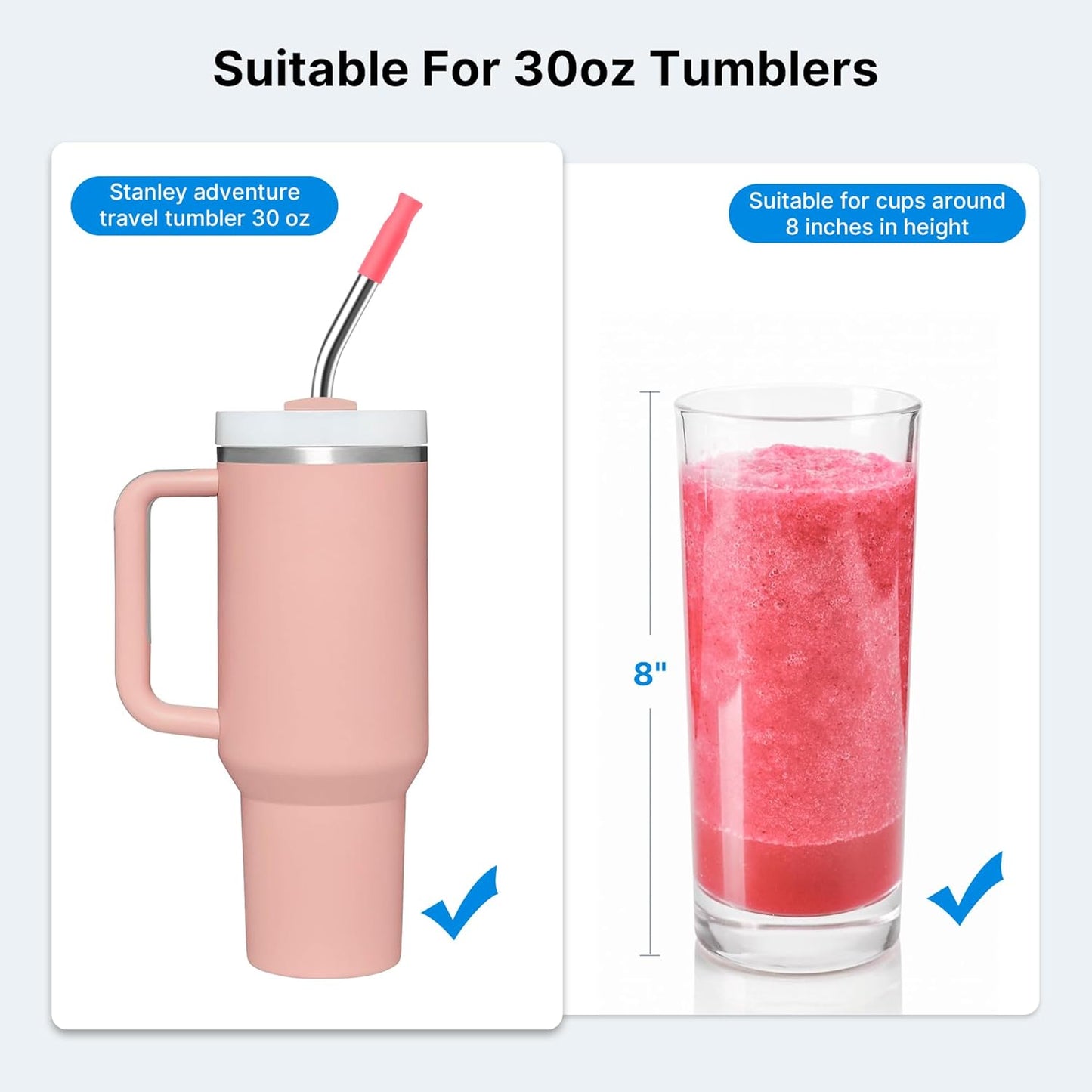 2 Pcs Stainless Steel Straw with Silicone Tips for 30 oz Stanley Tumbler, Repeatable 30 oz Metal Straws for Stanley Adventure Quencher Travel Tumbler Cup, BPA Free（Pink Dusk）