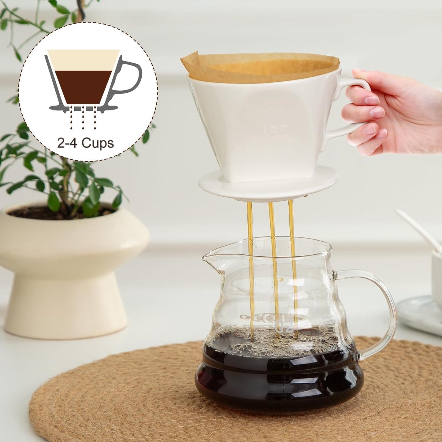 Pour Over Coffee Dripper, Ceramic Pour Over Coffee Maker with 3 Holes Flat Bottom, Easy Manual Slow Brewing, Porcelain Slow Filter Cone for Home, Office, Gift, Size 2,White