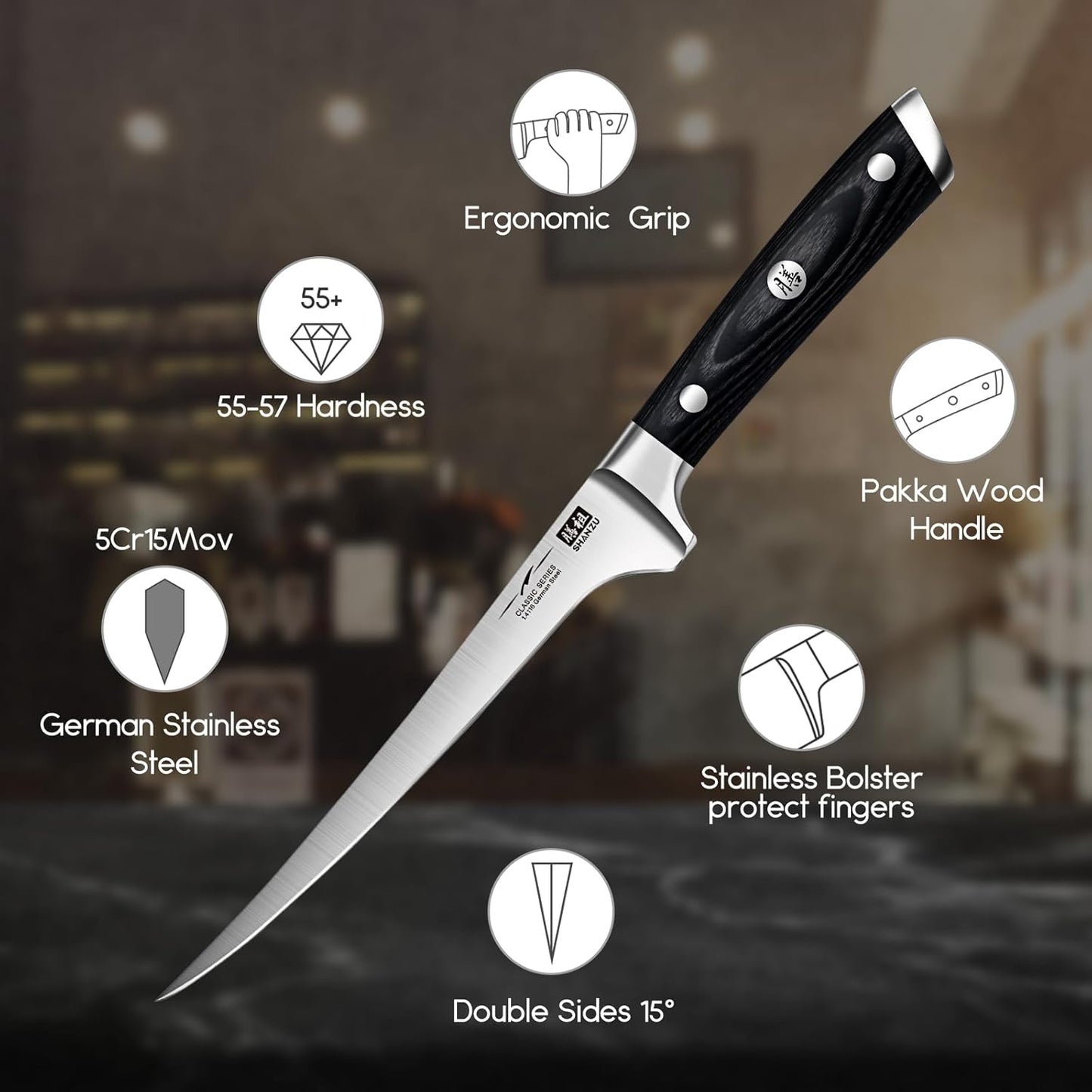 SHAN ZU Fillet Knife 7 Inch- Edge Deboning Fish and Meat Boning Knife, Professional Super Sharp Fish Knives Made of German Stainless Steel Boning Knives with Full Tang Handle