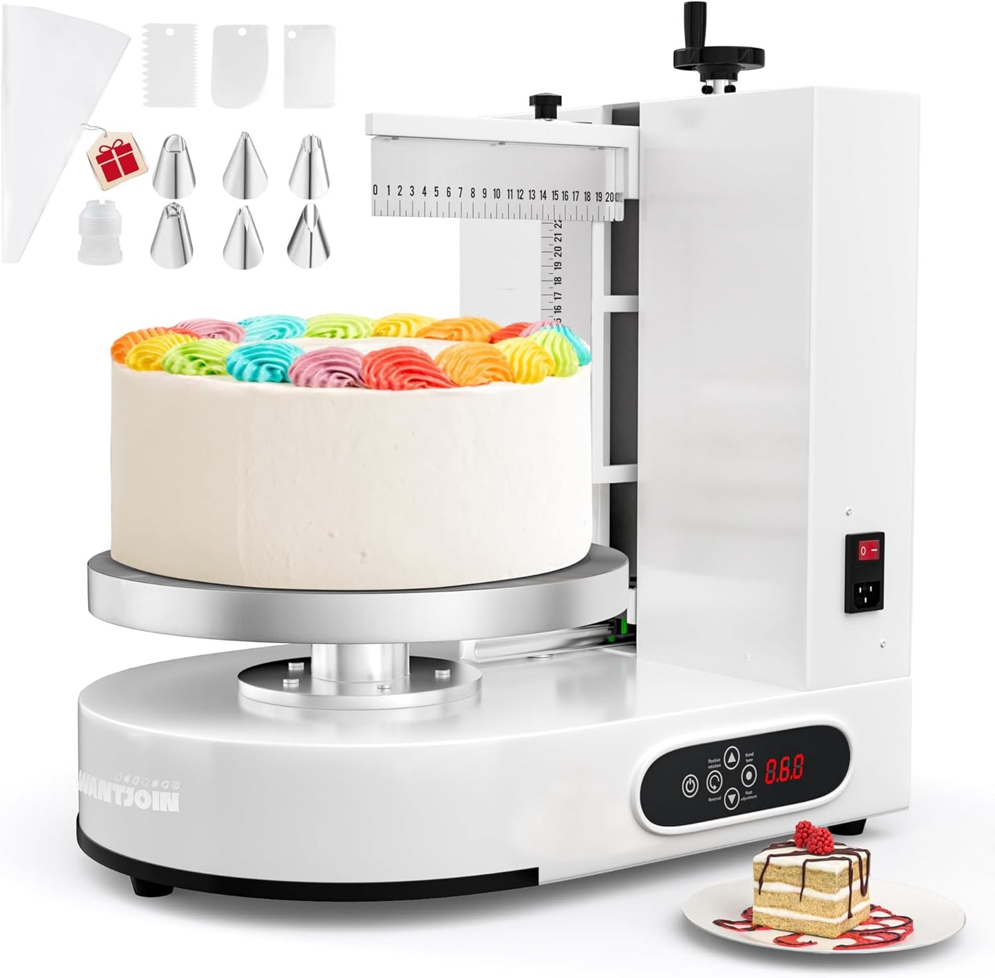WantJoin Automatic Cake Decorating Machine, 4–12" Cake Icing & Frosting Machine, 60–320 RPM Adjustable Speed, Stainless Steel Cream Spreader with Turntable & Scraper, Commercial Bakery Equipment