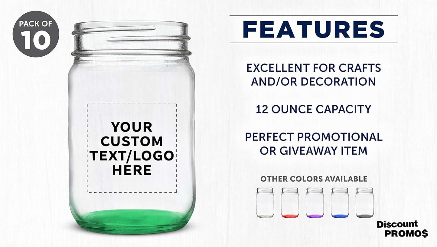 DISCOUNT PROMOS Custom Decorating Mason Jars 12 oz. Set of 10, Personalized Bulk Pack - Glass Jars for Overnight Oats, Candies, Fruits, Pickles, Spices, Beverages - Green