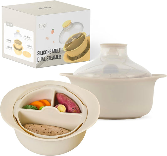 48oz Platinum Silicone 3 Compartmented Microwave Steamer Pot with Handle & Lid - Korea 100% Food-Grade Steamer Bowl, Heat-Resistant Cooker with Steam Holes, Easy Clean, Dishwasher Safe, Ivory