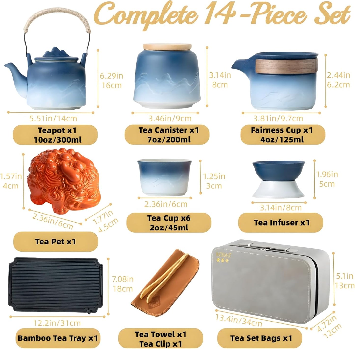 ICHAG Chinese Tea Set, Japanese Tea Sets for Adults, 15-Piece Porcelain Gongfu Tea Set with Tea Pet & Tea Tray, Japanese Teapot Set, Travel Tea Party Set, for Home/Office/Outdoor/Gifts (Blue)