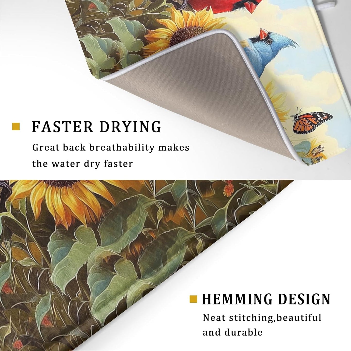 Giwawa Sunflower Birds Dish Drying Mat, Spring Summer Yellow Floral Butterflies Reversible Dish Drainer Mats Drying Pad for Kitchen Countertop Farmhouse Decor, 18x24inches, Large