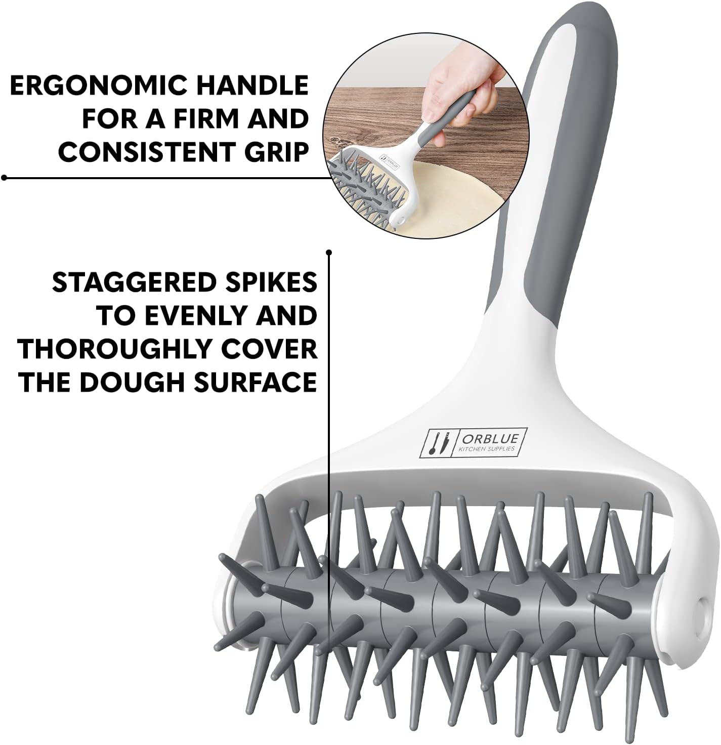 Orblue Pizza Dough Docker, Pastry Roller with Spikes, Pizza Docking Tool for Home & Commercial Kitchen - Pizza Making Accessories that Prevent Dough from Blistering Gray