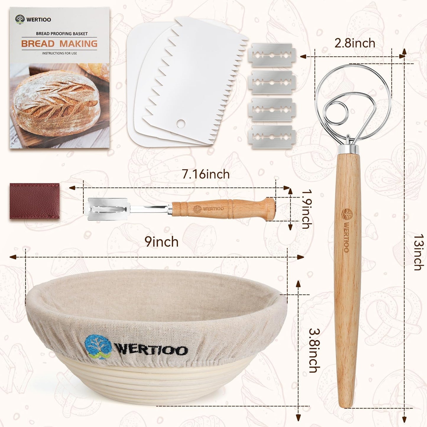 Banneton Bread Proofing Basket Set of 2, 9 Inch Round Sourdough Proofing Basket, Sourdough Starter Kit, Sourdough Bread Baking Supplies with Dough Scraper, Danish Dough Whisk, Bread Lame, Bowl Scraper