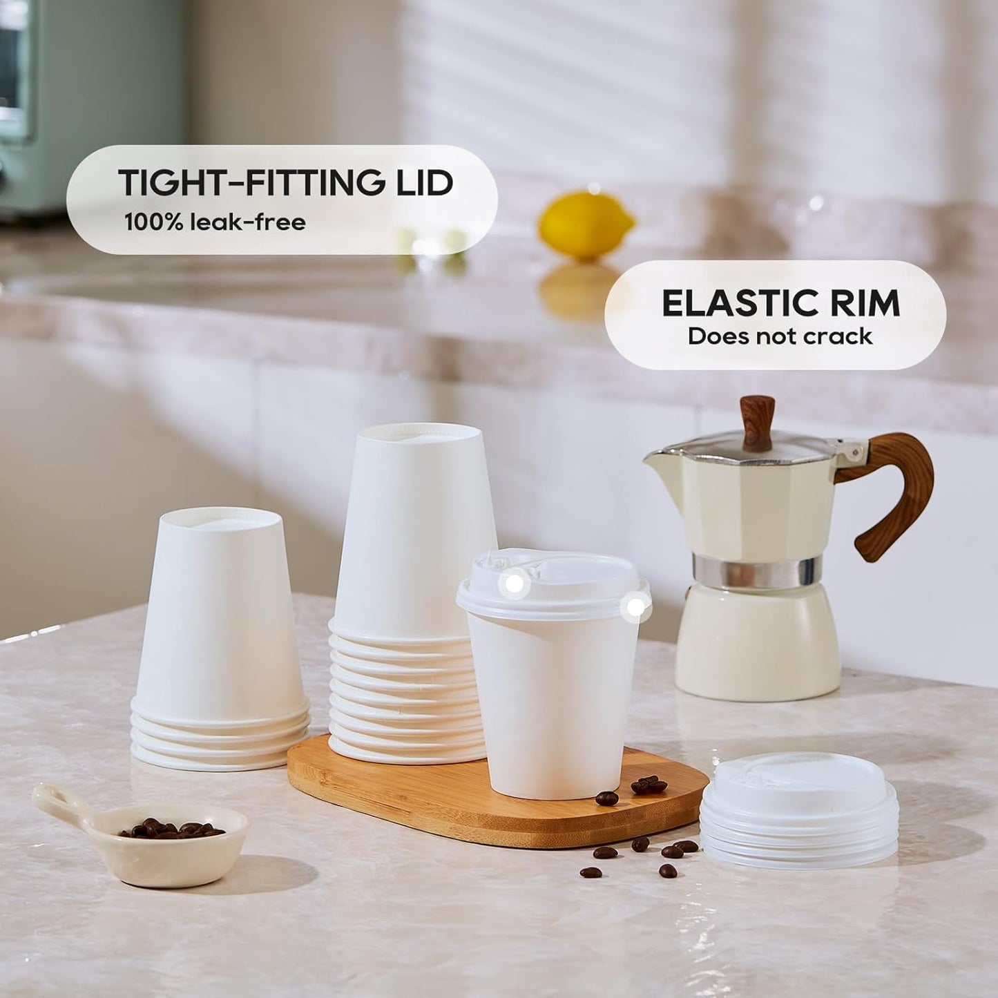 JOLLY PARTY [100 Pack] 10 oz Paper Coffee Cups, Disposable Paper Coffee Cup with Lids, Hot/Cold Beverage Drinking Cup for Water, Juice or Tea, Suitable for Home, Shops and Cafes