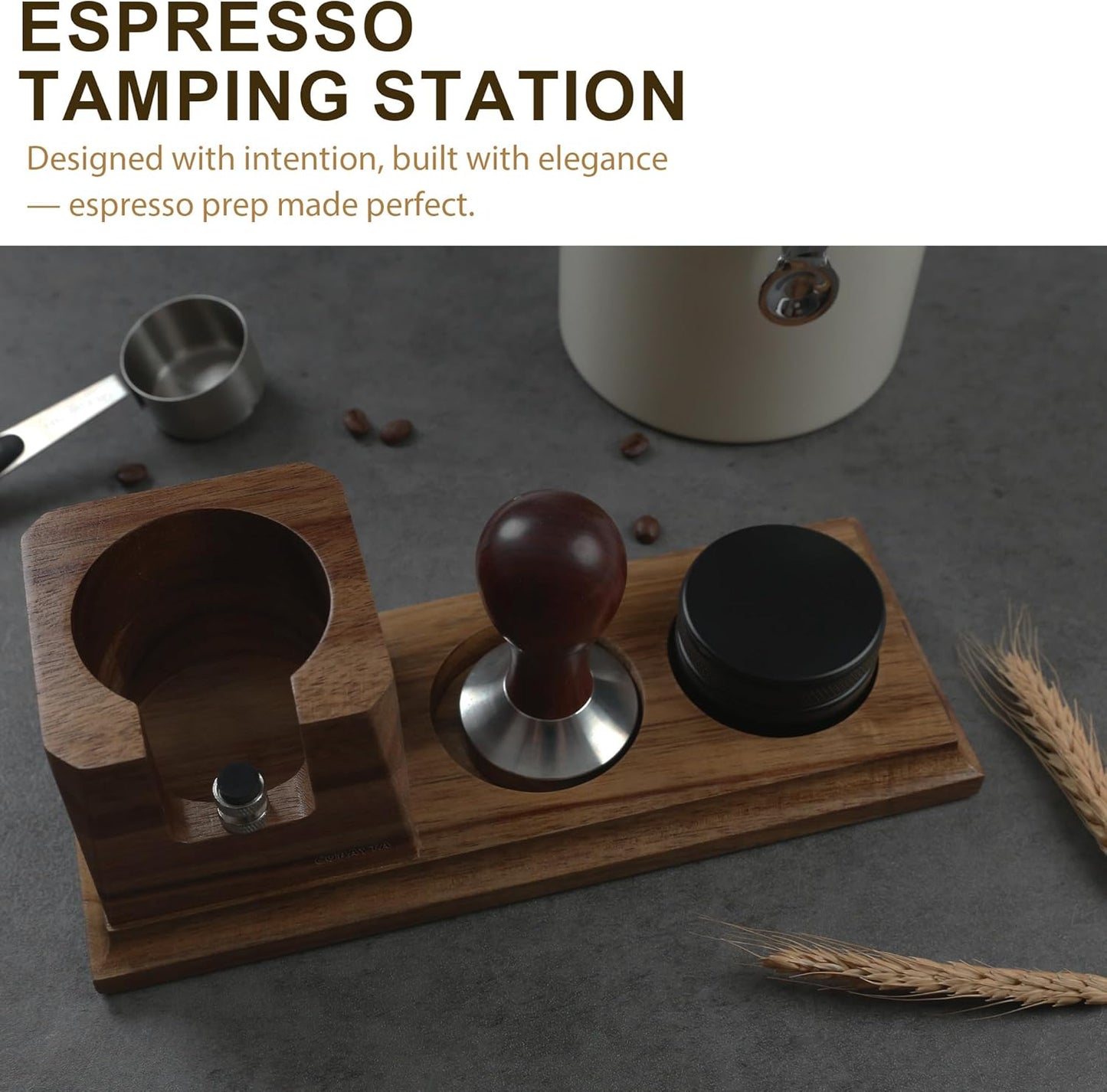 Walnut Espresso Tamping Station 54mm – Coffee Tamper Station with Raised Portafilter Platform, Flat Anti-Slip Base & Natural Wood Texture – Espresso Tamper Station for Home Barista Setup