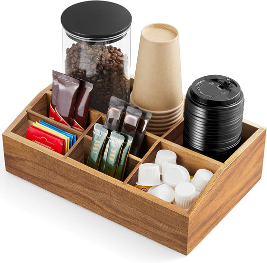 ALELION Acacia Wood Coffee Station Organizer for Countertop - 7 Compartments Coffee Bar Accessories and Organizer with Removable Dividers - Coffee and Tea Condiment storage Organizer