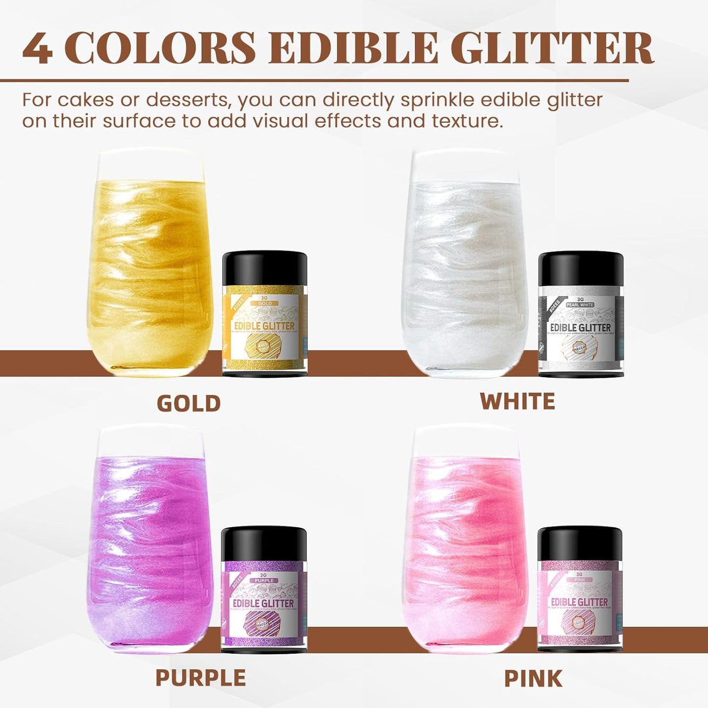 Edible Glitter Set - 4 Colors Food Grade Edible Drink Glitter for Cake Strawberries Drink Dust Shimmering, Vegan Food Coloring Sprinkle for Chocolates, Fondant Pops (3g per Bottle)