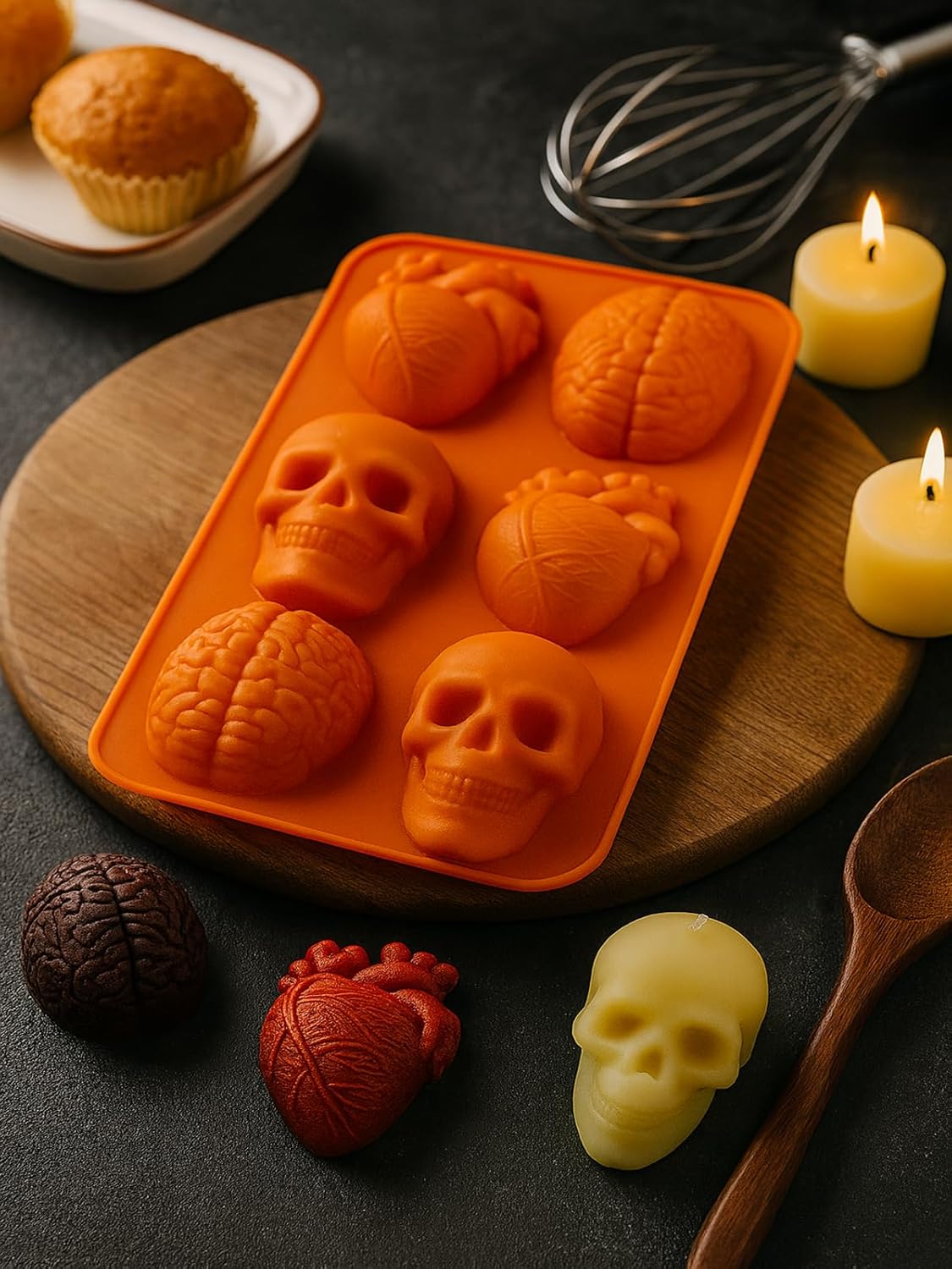 Halloween Silicone Molds & Gothic Chocolate Molds - 3D Skull, Heart, and Brain Halloween Baking Mold for DIY Cake, Chocolate, Jello, Ice Cube, Soap, Resin, and Candle Halloween Decorations