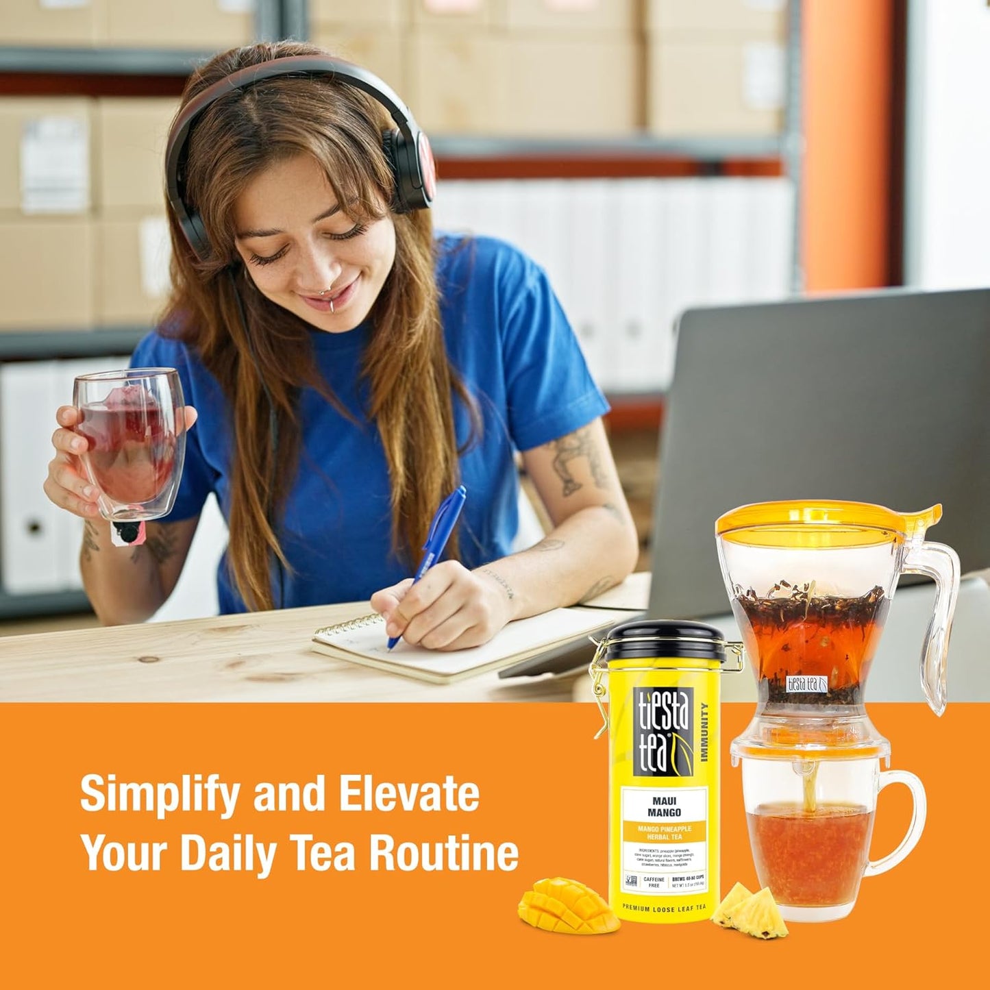 Tiesta Tea - Maui Mango Tin & Infuser Starter Set, Loose Leaf, Premium Herbal Blend, Non-Caffeinated Hot & Iced, 6oz Refillable Tin and 16oz Brewmaster Coffee Bottom Dispensing Tea Infuser