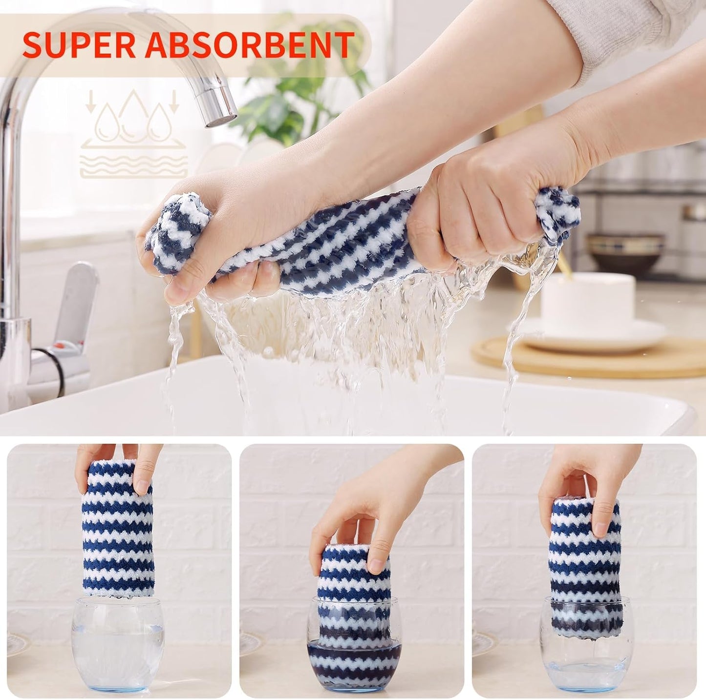 Homaxy 24 Pack Kitchen Dish Cloths, Ultra Soft and Absorbent Dish Towels, Reusable Fast Drying Microfiber Cleaning Cloth, Coral Velvet Wave Design No-lint, 10 x 10 inches, Navy Blue