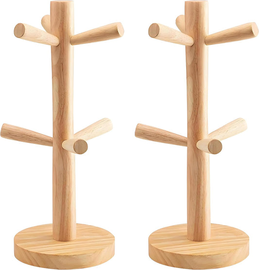 2 Pieces Mug Holder Tree,Coffee Cup Holder with 6 Hooks, Wood Mug Rack for Counter,Coffee Bar Accessories and Orgnizer Station