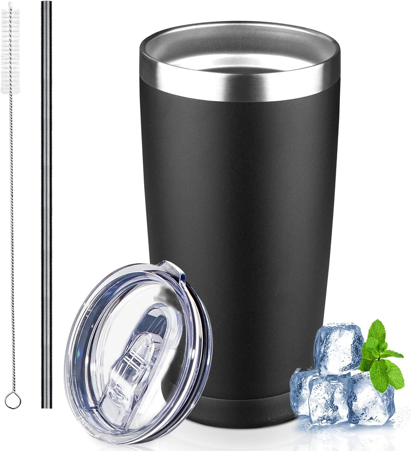 20 oz Tumbler with Lids and Straws, Stainless Steel Insulated Coffee Tumbler, Double Wall Vacuum Insulated Travel Mug Cup, Leakproof Thermal Coffee Cup for Hot and Cold Drinks (black)
