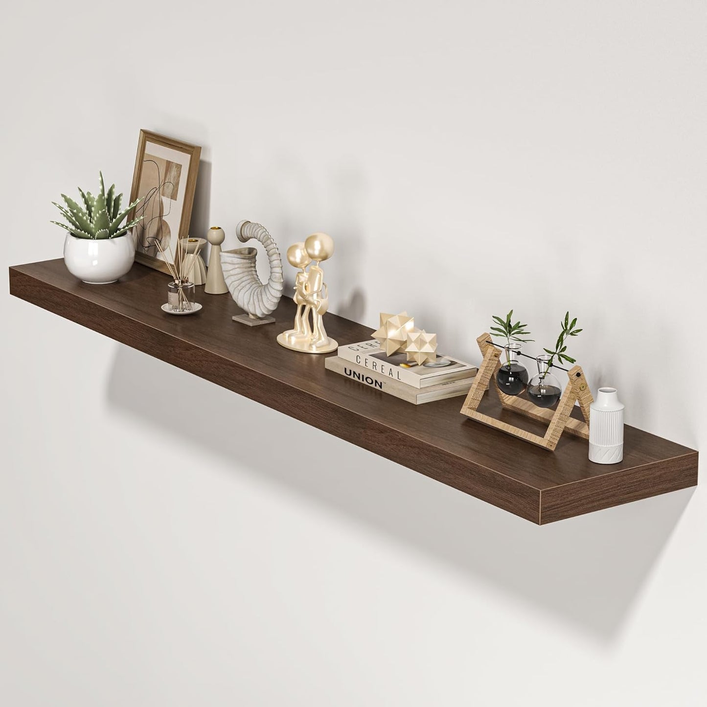 Floating Shelves for Wall, 55"W x 9.3"D x 1.5"H, Long Wooden Wall Mounted Display Shelves with Invisible Brackets for Living Room, Bedroom, Bathroom, Kitchen Decor and Storage, Set of 1, Walnut