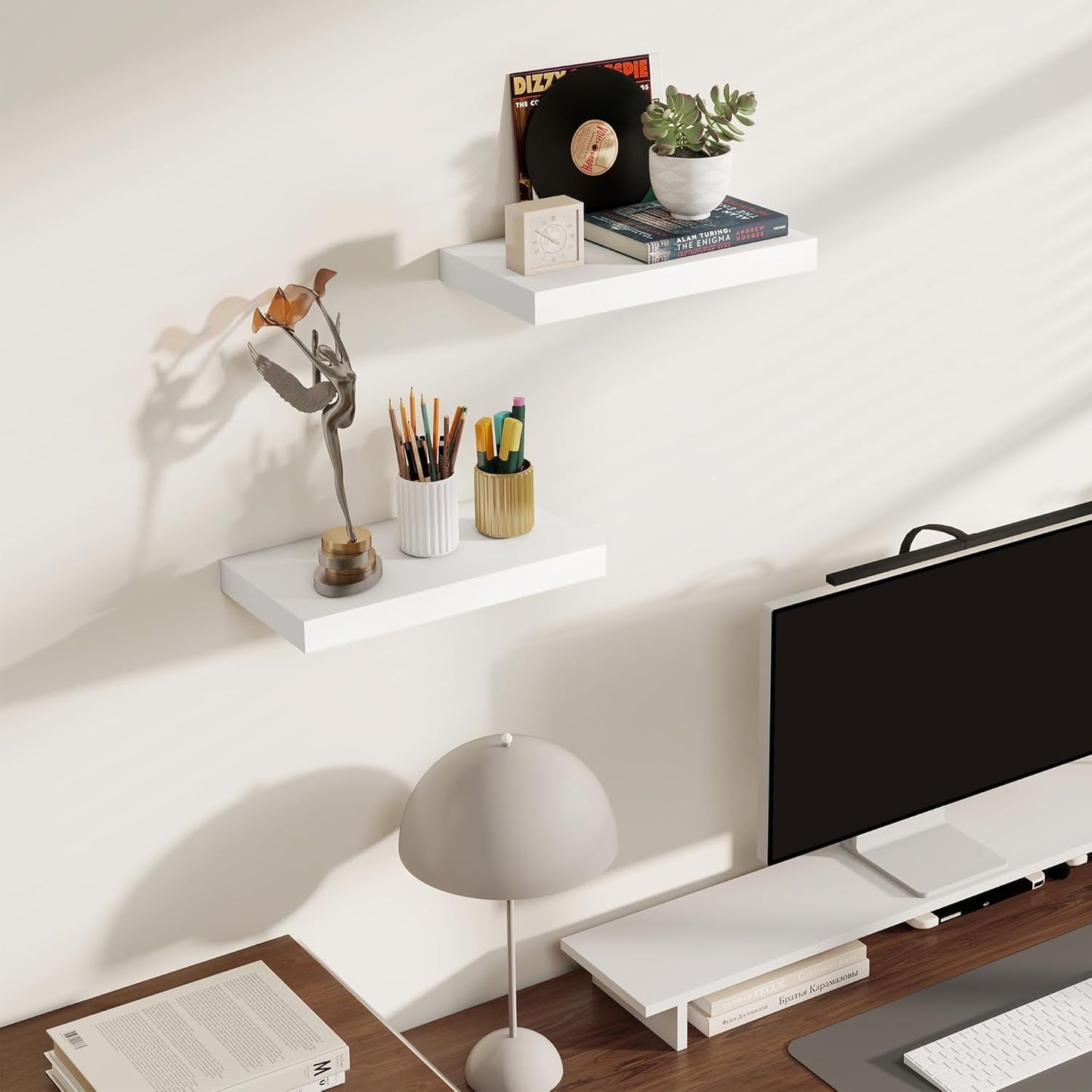 Floating Shelves for Wall, Real Wood Floating Shelf Set of 2, 8 Inch Deep Floating Shelves, Rustic Wood Wall Shelf for Home Decor, Deep Storage Shelves for Bathroom, Kitchen, 16"W x 8"D, White Color