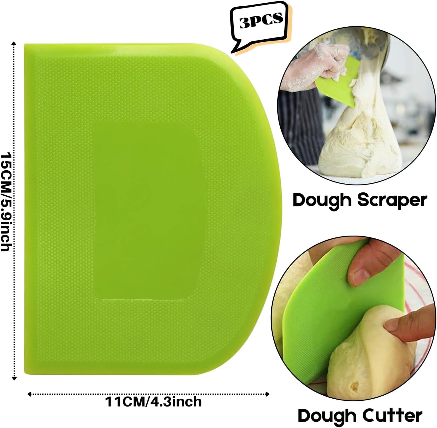 SURDOCA Dough Scraper Bench Scraper - 3P 5.9x4.3" Plastic Flexible Bowl Scraper, Sharp Edge & Angles Cake Scraper. Non-Slip Bakeware Decorating Tools Sculpting & Modeling Tools - Green+Pink+Green