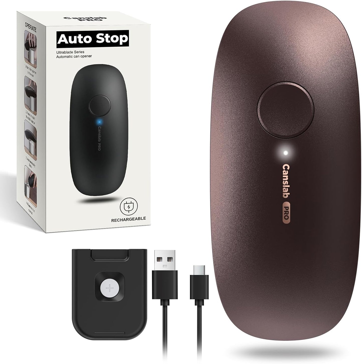 Ultrablade PRO Auto Stop USB Rechargeable Can Opener for Kitchen for Seniors with Arthritis, Long Battery Life, Handfree One Touch, Side Cut for Smooth Edge, Wall Mounted Small Size, Brown