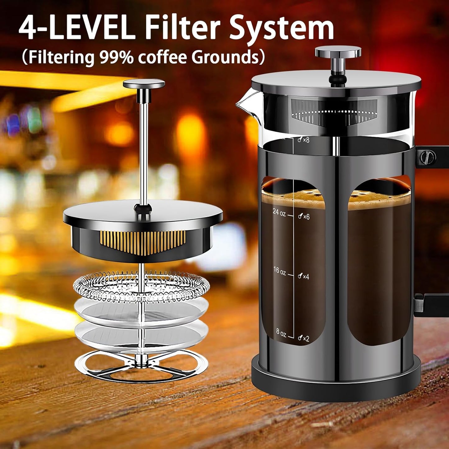 French Press Coffee Maker (34oz 1Quart 5-6Cup) Coffee Press, with 4 Filters System, Heat Resistant Thickness Borosilicate Glass, Cold Brew Coffee Tea Pot Gifts (Bright Black)
