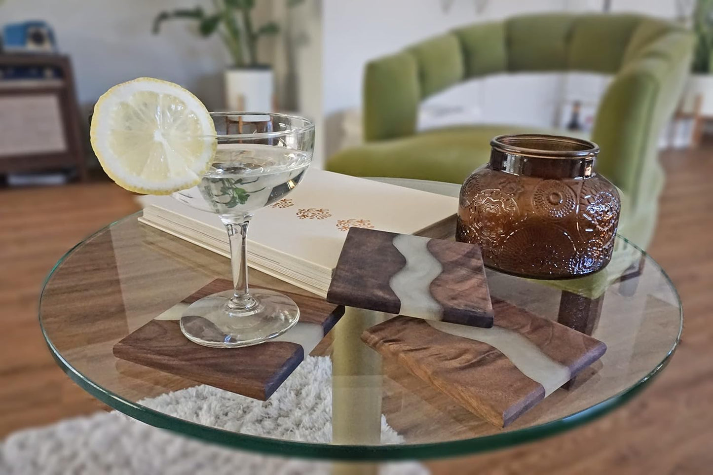 Generic Wood Coaster Set for Drinks | Handmade with Dark Walnut & Natural Wood Sealant Finish for Water Resistance, Easy Cleaning & No Stains | Epoxy Resin River (4 Pieces) (White)