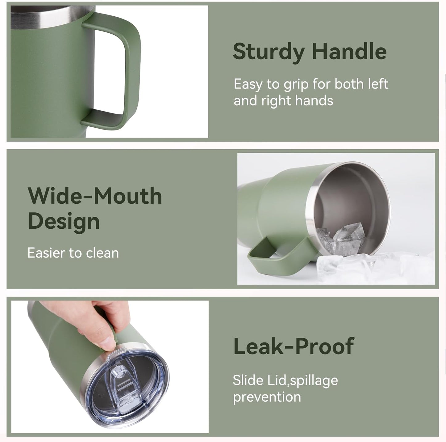 HASLE OUTFITTERS 20oz Tumbler with Lid, Stainless Steel Tumbler with Handle, Metal Insulated Travel Coffee Mug with Handle, Double Wall Vacuum Spill Proof Tumbler Cup, Amy Green 1 Pack