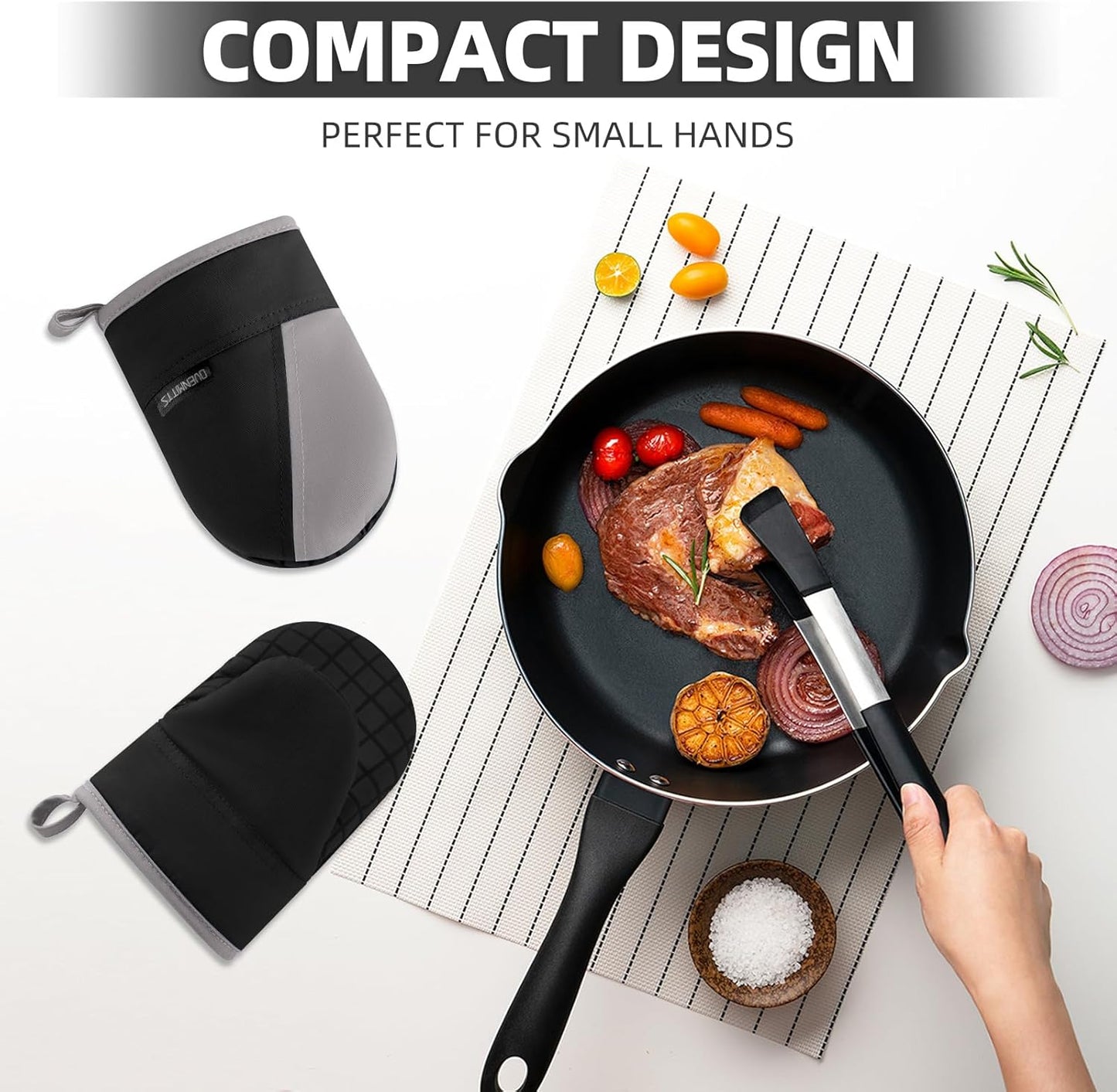 Mini Oven Mitts, Kitchen Oven Gloves Kitchen Mittens 500 Degrees Heat Resistant Baking Gloves, Non-Slip Silicone Surface with Hanging Loops Hot Gloves for Cooking, Baking, BBQ 1 Pair-Black