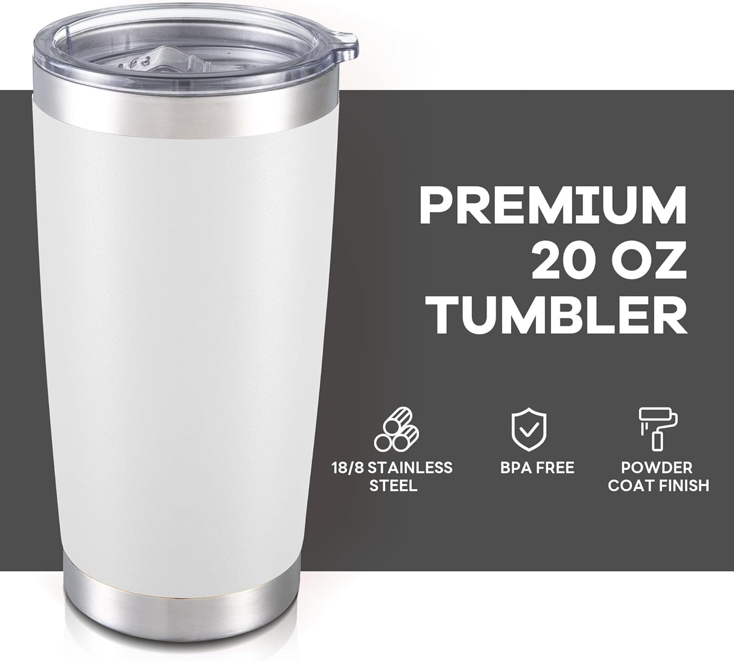 20 oz Tumbler with Lid Stainless Steel Insulated Tumblers Bulk Double Wall Vacuum Cups Powder Coated Travel Mug Keep Drink Cold and Hot, White, 8 Pack