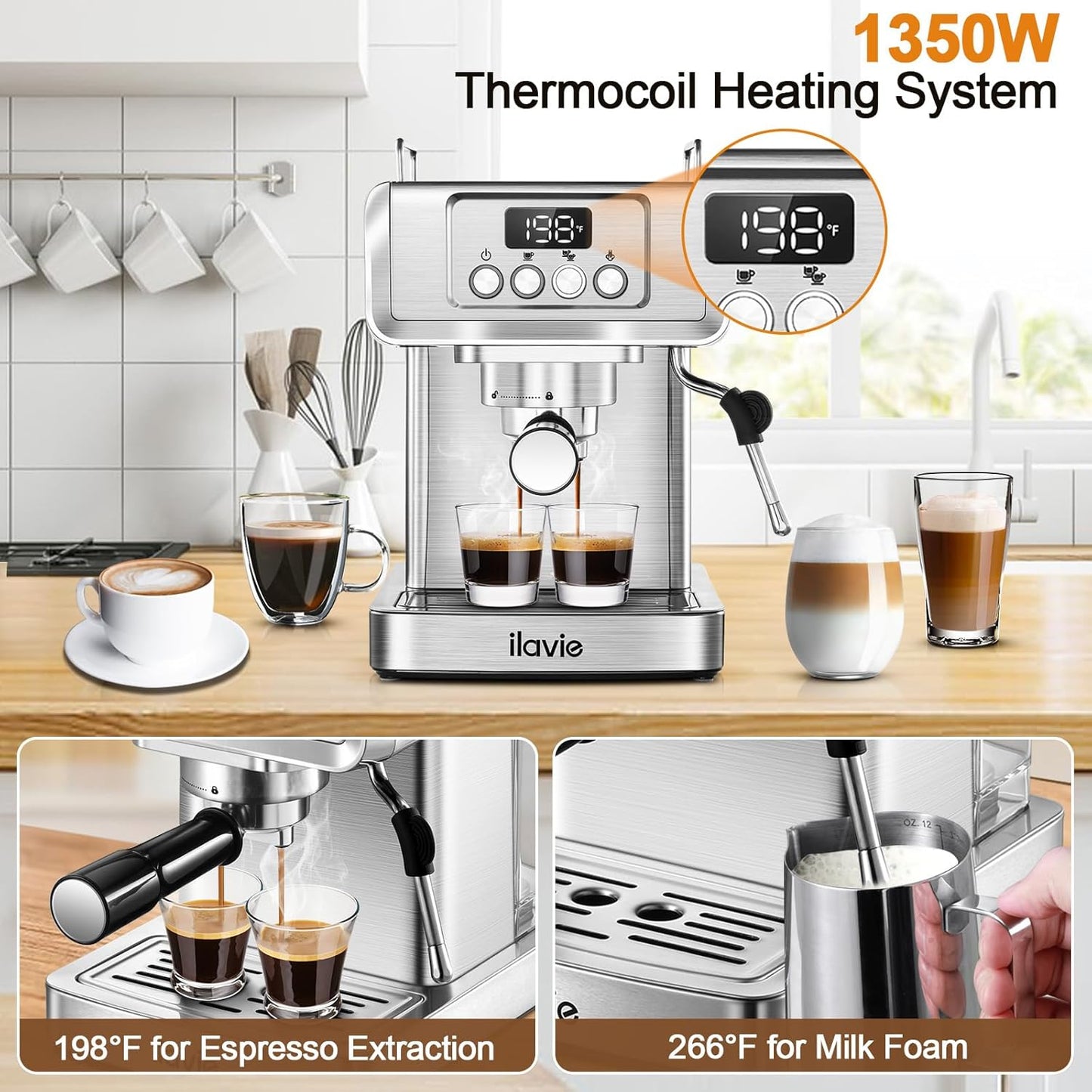 Espresso Machine 20 Bar, Espresso Maker with Steam Milk Frother，Espresso Coffee Machine with 60oz Removable Water Tank for Lattle, Cappuccino, Stainless Steel