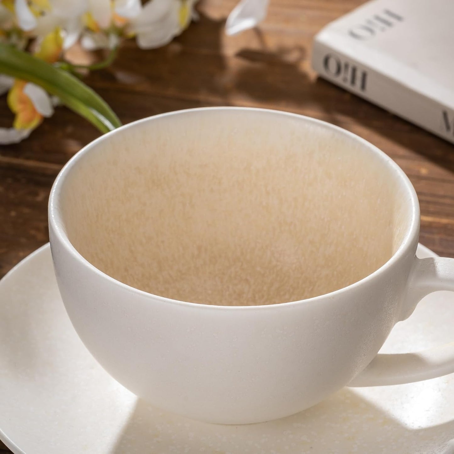 Ceramic Latte Art Mug With Saucer - 10 oz, Round Bottom For Perfect Pours - Cafe Cups for Cappuccino, Espresso, Coffee, Tea - Handmade Porcelain Set for Baristas, Great Gift - Apricot