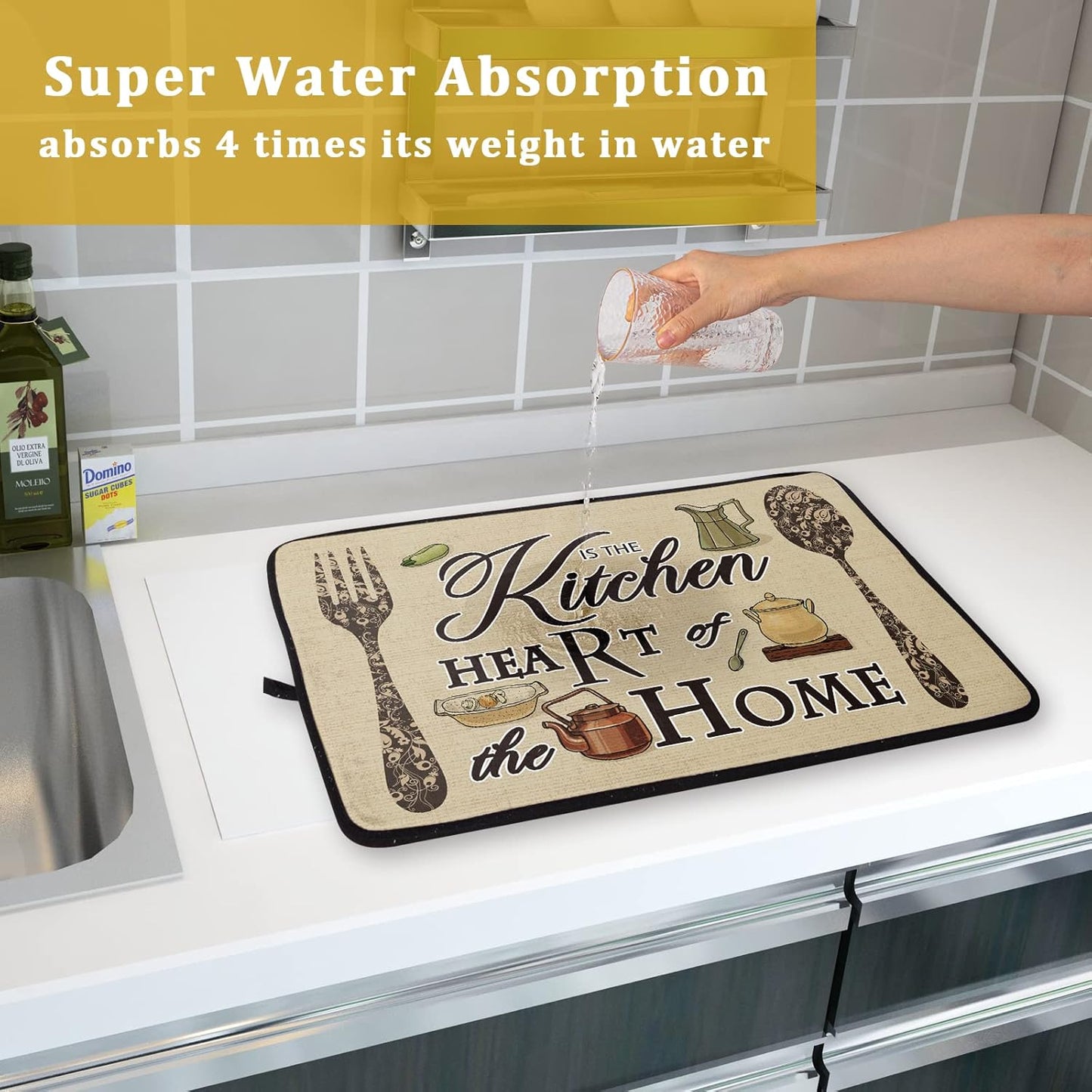 Dish Drying Mat The Kitchen is The Heart of The Home, 18x24 inch Large Absorbent Farmhouse Vintage Coffee Cooking Set Drainer Mat Dish Pad Protector for Countertops Home Office Cafe Accessory