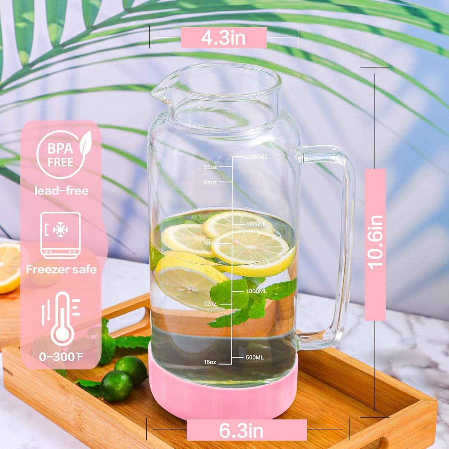 Aofmee 68oz Glass Pitcher with Lid, 2 Liter Water Carafe with Silicone Base and Precise Scale Line, Ice Tea Pitcher for Fridge, Anti-Slip Glass Jug for Sun Tea Juice Coffee Milk Beverage (Pink)